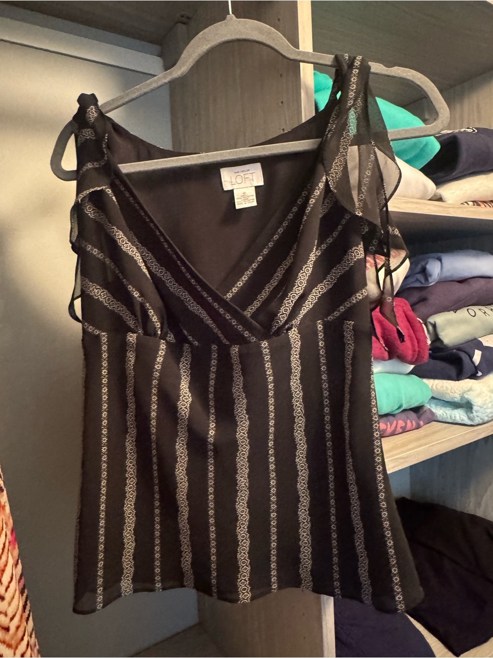 LOFT Black and Cream Striped V-Neck Camisole